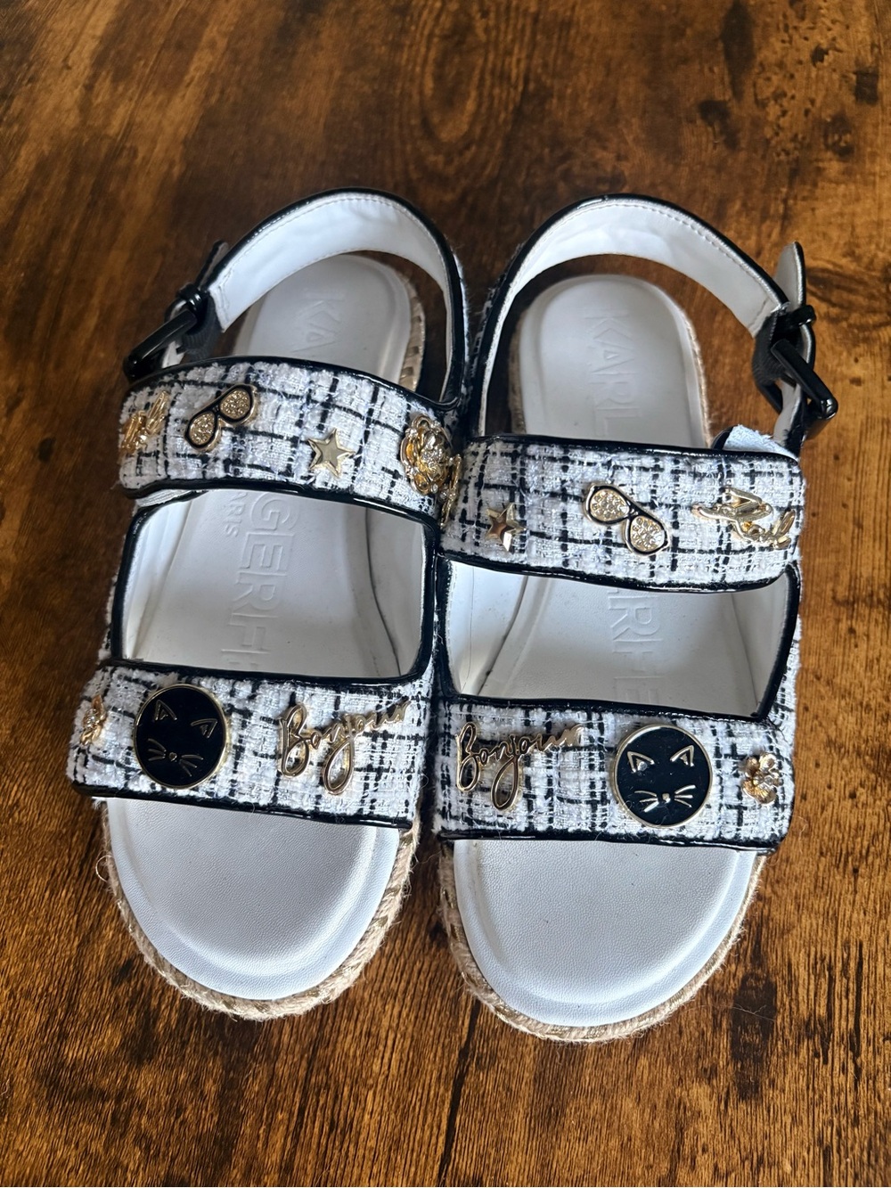 Womens Karl LagerfeldWhite Tweed Sandals with Gold Accents